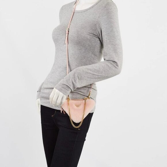 Prada Orchidea Shearling/Saffiano Leather Triangle Mini Pouch Crossbody Clutc... - Picture 2 of 12